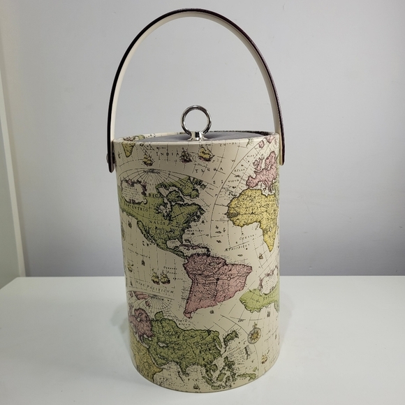 MCM World Map Ice Bucket 11" H x 8" Round Mid century Vintage Item - Picture 3 of 11